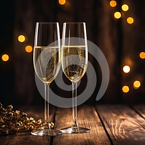 Two elegant glasses of champagne placed on stylish table, ready to toast to special occasion. For restaurant, bar
