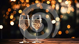 Two elegant glasses of champagne or sparkling wine Prosecco on a dark background with golden bokeh. Holiday concept