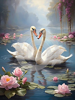Two elegant swans gracefully glide across a serene lake and water lilies. photo