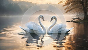 Two elegant swans in love gracefully glide across a serene lake in the forest.