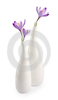 Two elegant white vases with spring flowers