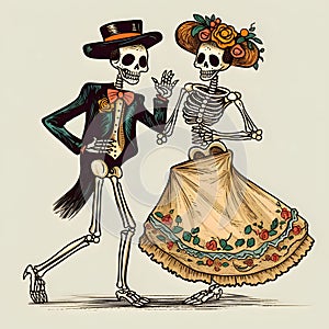 Two elegantly dressed dancing skeletons male in suit, female in dress. For the day of the dead and halloween, bright isolated