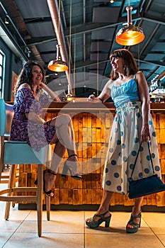 Two elegantly dressed women in front of a bar counter