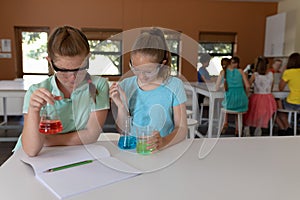 Two elementary school girls in chemistry class