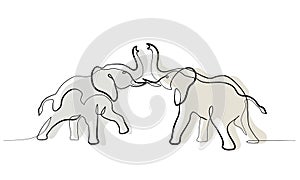 Two Elephants fighting. One line art drawing