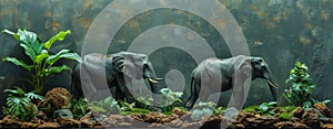 Two elephants in a lush terrarium setting