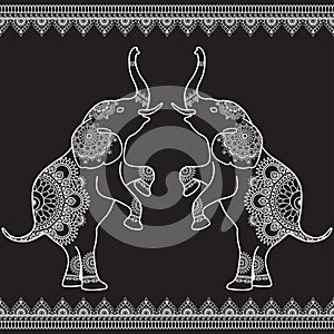 Two elephants standing up with seamless line lace borders in ethnic mehndi Indian henna style.