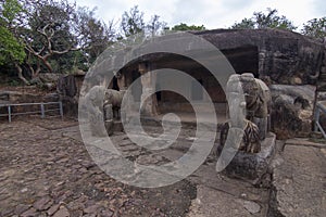 Two Elephants statues at the Ganesha cave of Udayagiri caves complex in Bhubaneswar - Odisha, India