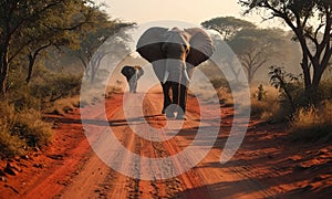 Two elephants walking down a dirt road.