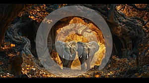 Two Elephants Walking Through Golden Forest