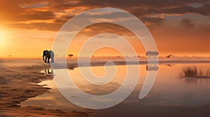 Two Elephants Walking Through Water At Sunrise In Andreas Levers Style