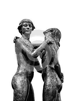 Two embraced women, naked statues