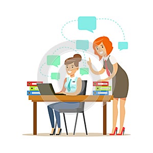 Two employee women working on a project. Colorful cartoon character vector Illustration