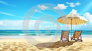 Two empty beach chairs and yellow umbrella on sunny tropical beach, near the sea, copy space. Vacation, exotic holiday