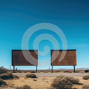 Two empty billboards in the middle of a desert. Generative AI image.