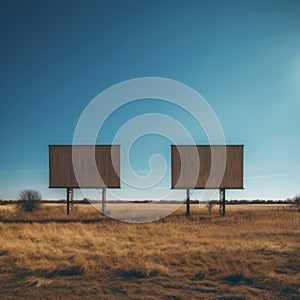 Two empty billboards in the middle of a field. Generative AI image.