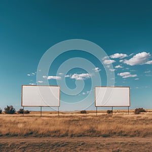 Two empty billboards in the middle of a field. Generative AI image.
