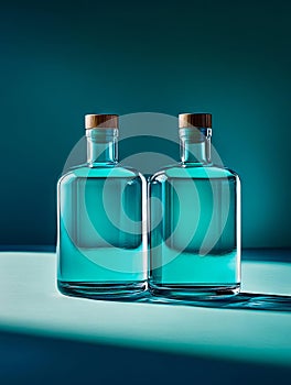 Two empty blue bottles sitting on top of a table