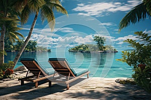 Two empty deck chairs on beach