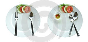 Two empty dirty plate isolated on white background with clipping path
