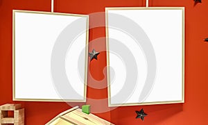 Two Empty Frame On The Shelf With Books.Blank Advertisement Banner Poster Mock Up Isolated Template Clipping Path