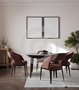 two empty frames mockup, stylish room interior with table and pink chairs, green plant, 3d rendering