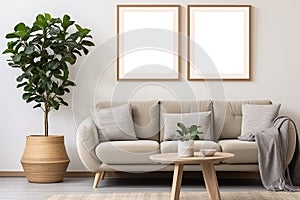 Two empty frames on wall in Scandinavian living room interior. Blank template mockup for poster or art work presentation