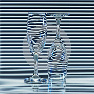 Two empty glasses with bands of refraction blinds