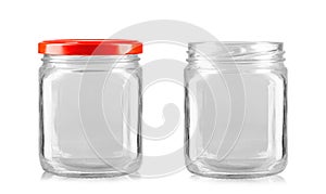 Two empty jars with red lid. Conservation utensils. Isolated on a white background