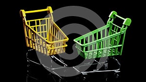 Two empty shopping baskets on a black background, shopping concept. rotating