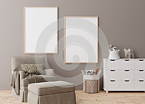 Two empty vertical picture frames on brown wall in modern child room. Mock up interior in scandinavian style. Free, copy