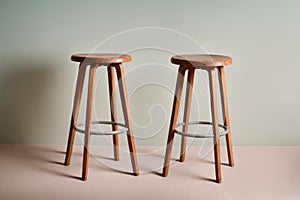 two empty vintage wooden stools chairs isolated in pastel room