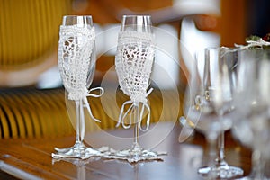 Two empty wedding champagne glasses