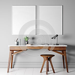 Two empty white frames mock-up. Modern interior space with beautiful wooden desk and chair on gray wall background