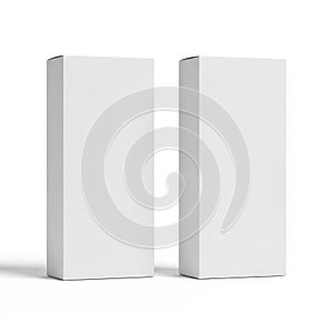 Two empty white rectangular boxes standing side by side on a plain surface