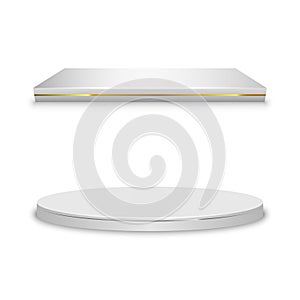 Two empty white stages. Square and round empty podiums. Square and round platforms. Vector illustration