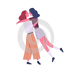 Two enamored lesbian girl hugging enjoy meeting vector flat illustration. Happy homosexual woman smiling feeling love photo