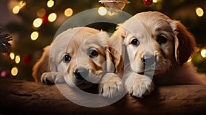 Puppy Pals and Holiday Joy: Two Adorable Puppies Underneath Christmas Tree