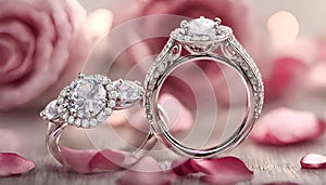 Two engagement rings with pink rose petals background lays on the table