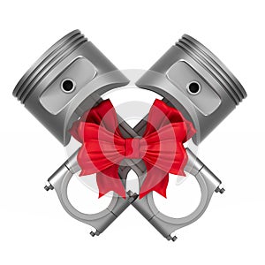 Two engine pistons with bow on white background. Isolated 3d illustration