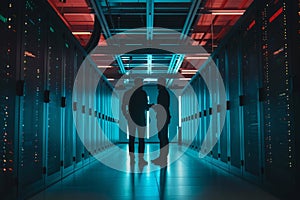 Two IT Engineers in Data Center Works on Laptop Computer