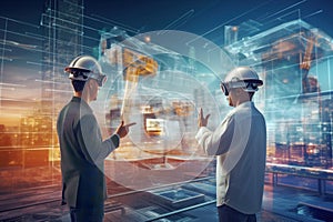 Two engineers wearing safety helmets with AR glasses analyzing holographic building blueprints against a city skylin photo