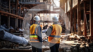 Two engineers are working on a construction site. Two engineers are standing in front of the building