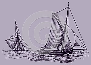 Two English bawley sailing boats on wavy waters