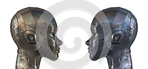 Two equal steel robots in profile