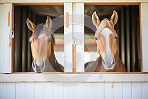 two equine friends in adjacent stable windows