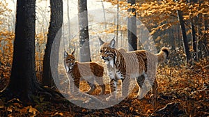 Two Eurasian Lynxes in an Autumn Forest