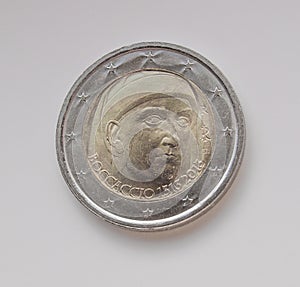 Two euro coin bearing the portrait of Giovanni Boccaccio