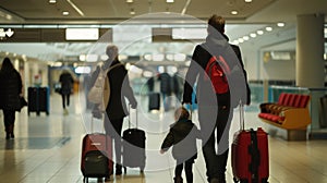 Two exhausted parents carry multiple suitcases while keeping a close eye on their wandering toddler in the bustling