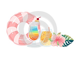 Two exotic cocktails in transparent glass with tropical flowers vector illustration on white background